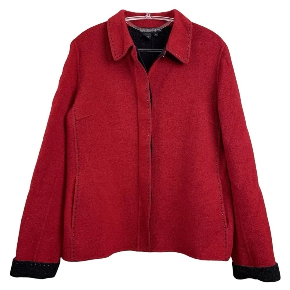 Lafayette 148 Wool Embroidered Stitch Trim Buttoned Jacket Red Black Size 6
